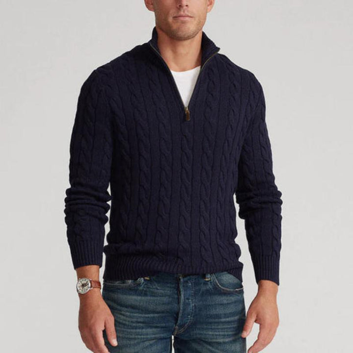 Comfortable men's cable knit quarter-zip sweater, ideal for warm winter layering and fall fashion.