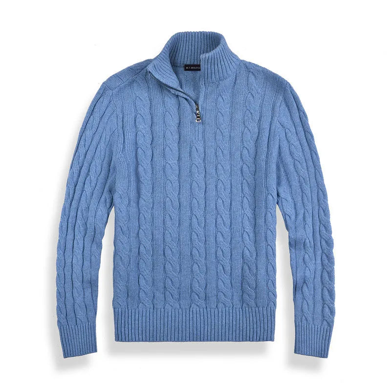 Men wearing a cozy quarter-zip cable knit sweater, perfect for a casual, stylish fall and winter look.