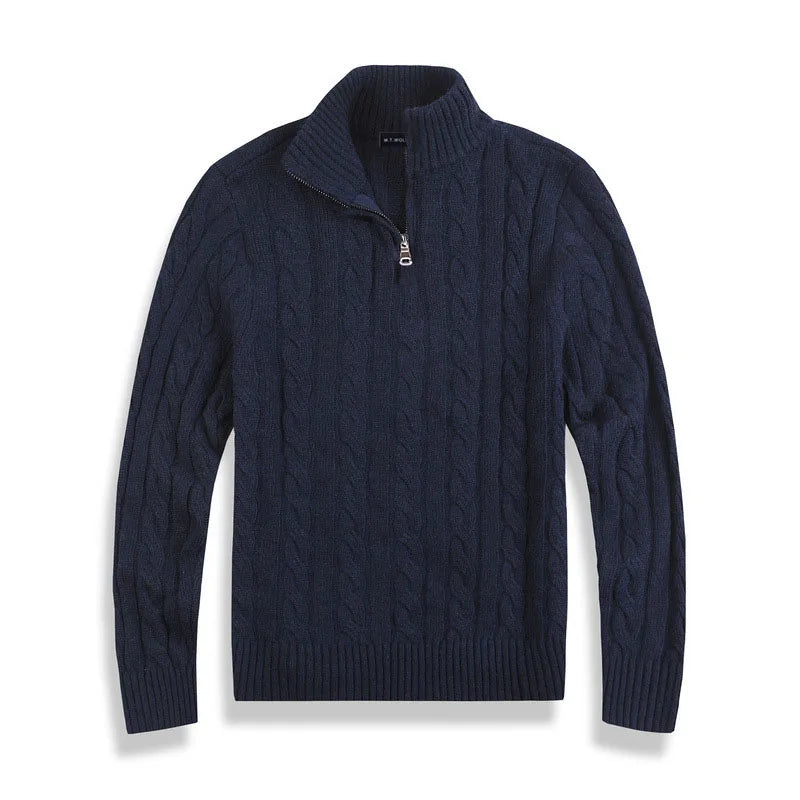 Versatile men's quarter-zip cable knit pullover, excellent for layering and staying warm in cold weather.