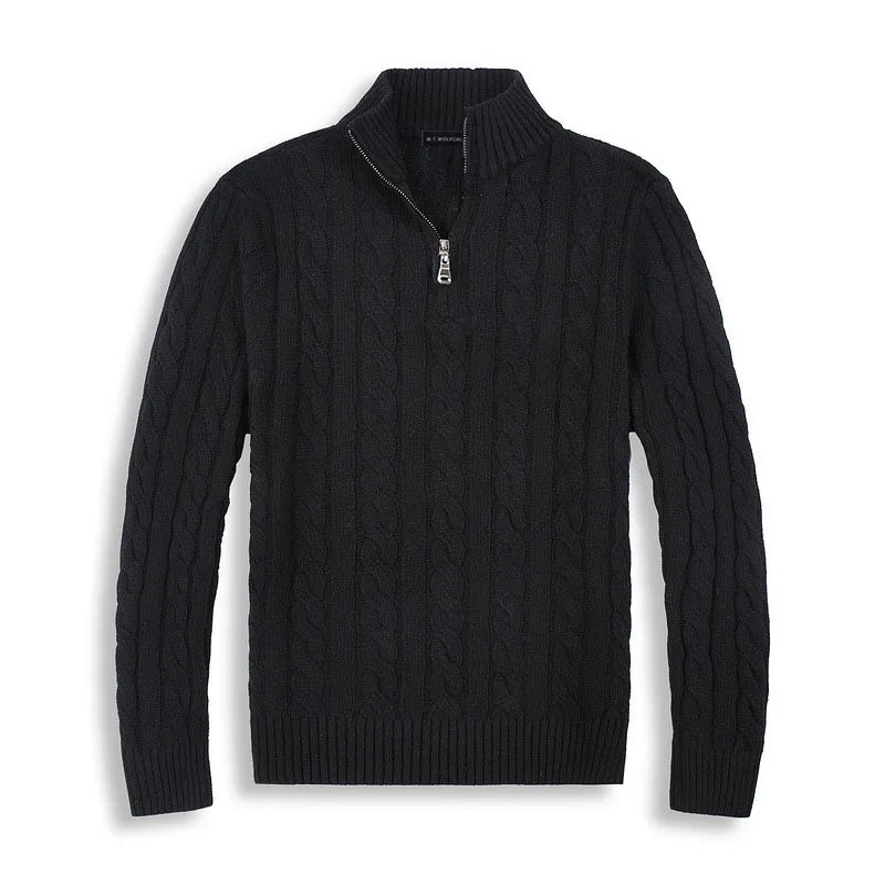 Men's quarter-zip cable knit sweater with a stylish collar. Classic and comfortable fall/winter knitwear.