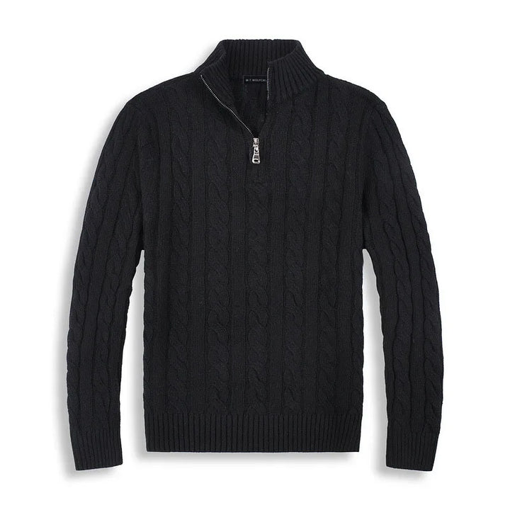 Men's quarter-zip cable knit sweater with a stylish collar. Classic and comfortable fall/winter knitwear.