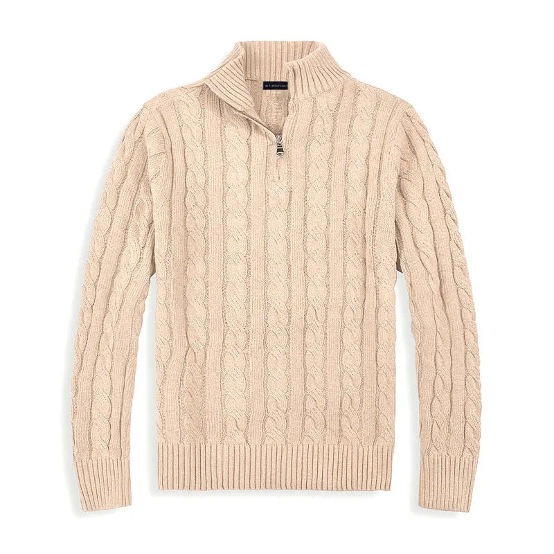 Warm men's cable knit quarter-zip pullover. A stylish, comfortable and timeless sweater for all seasons.