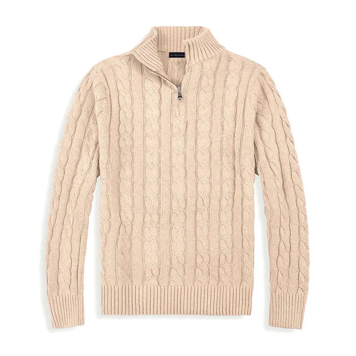 Warm men's cable knit quarter-zip pullover. A stylish, comfortable and timeless sweater for all seasons.