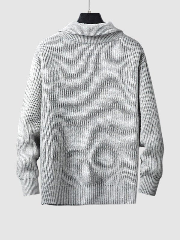Stylish men's quarter zip knit sweater with stand collar, ribbed cuffs & hem.