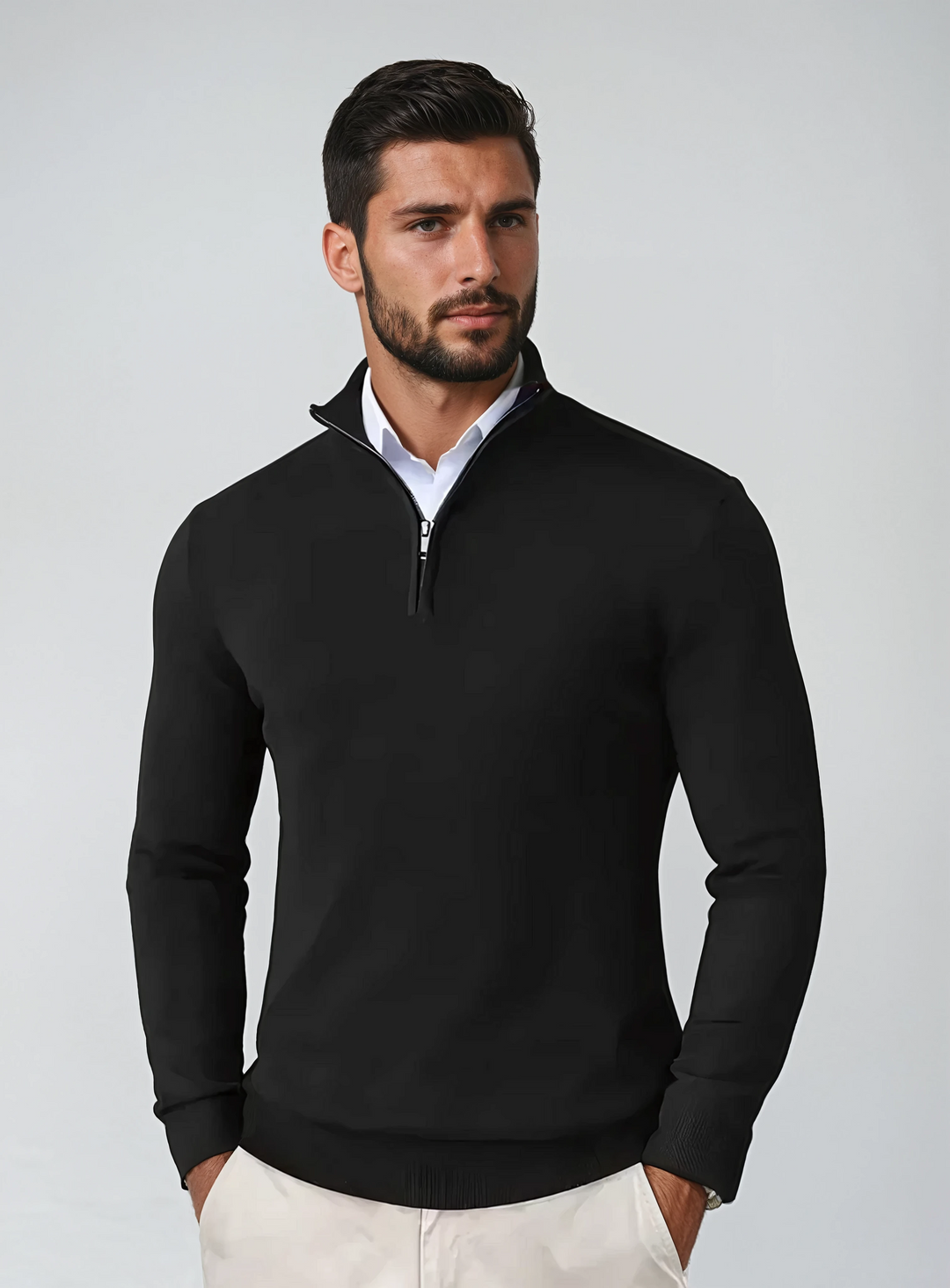 Men's versatile quarter-zip pullover sweater, perfect for layering & everyday casual style.