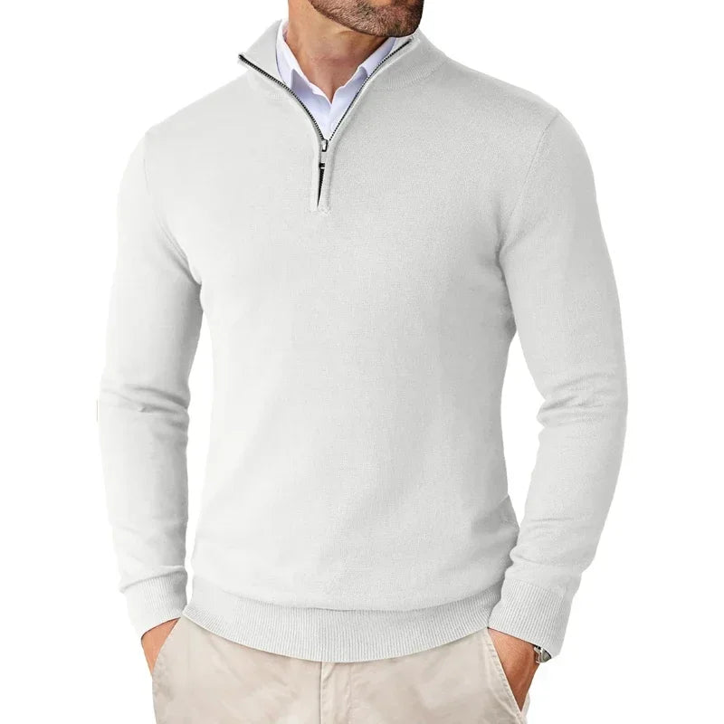 Modern fit men's quarter-zip sweater, ideal for semi-formal or casual layering.