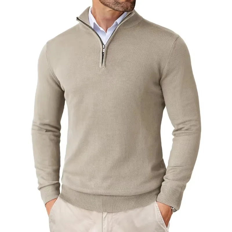 Quarter-zip neckline detail on a men's versatile pullover sweater for casual to semi-formal wear.
