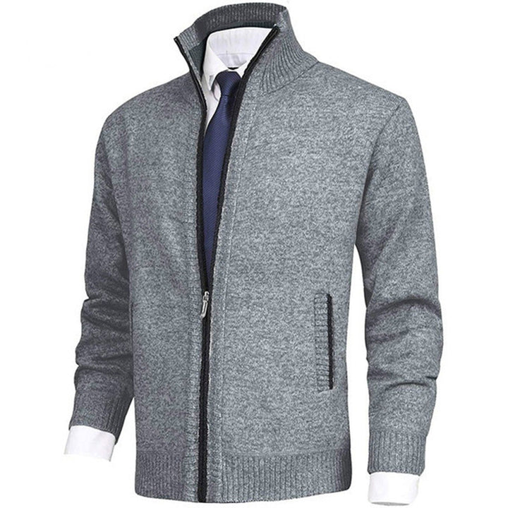 Men's stand collar zip-up jacket with front zipper and ribbed cuffs, casual everyday style.