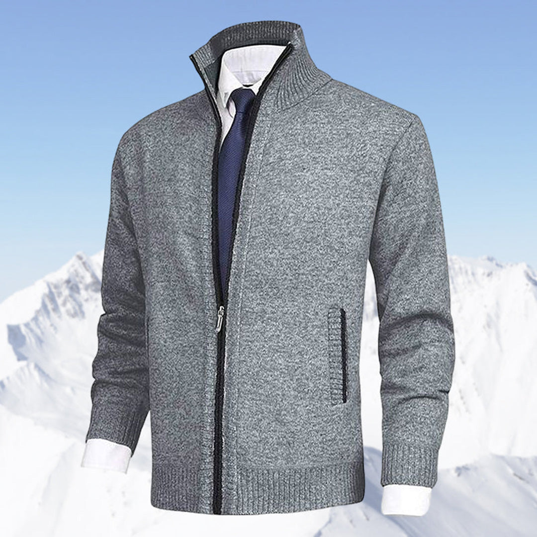 Men's casual zip-up jacket featuring a stand collar and comfortable ribbed trim.
