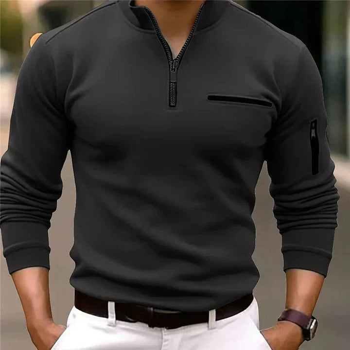 Men's versatile zip-up spring sweater with a stylish chest pocket, perfect for casual layering and modern style.