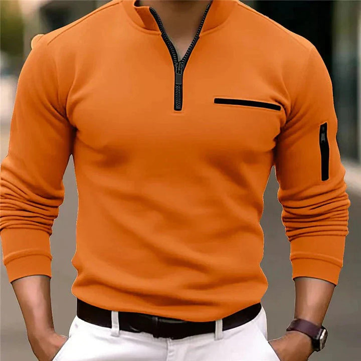 Stylish men's versatile zip-up spring sweater with a functional chest pocket. Excellent for casual outfits & layering.