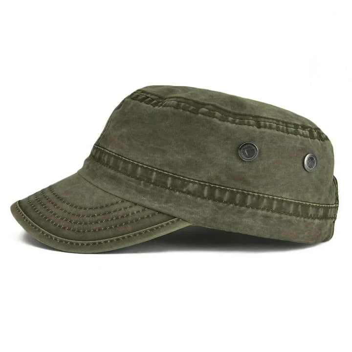Vintage men's baseball cap with character, cotton blend army green, adjustable strap for comfort
