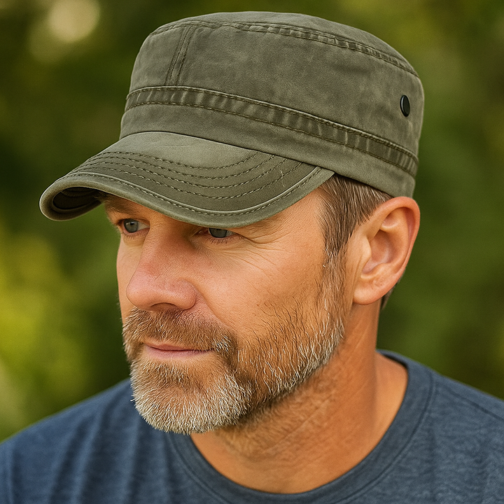 Military style men's vintage character baseball cap, adjustable cotton blend, durable outdoor hat