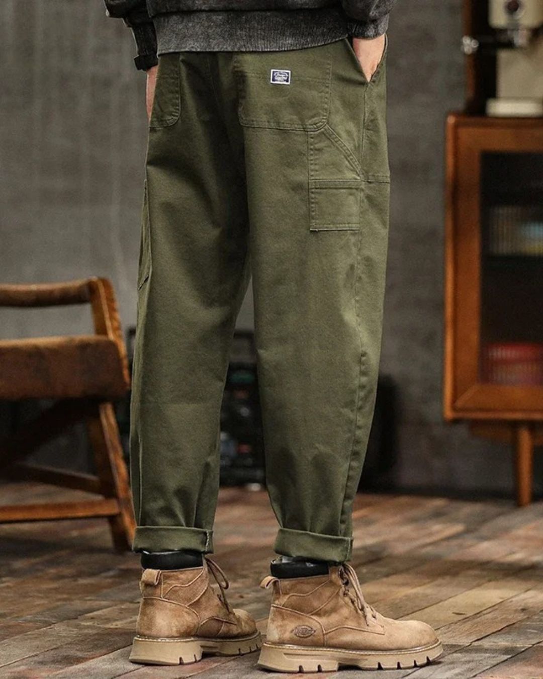 Vintage men's cotton cargo pants, relaxed fit, durable fabric, ideal for casual wear.
