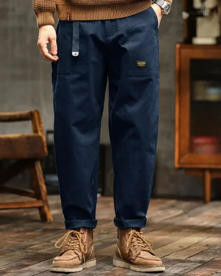 Men's khaki cotton cargo pants, vintage aesthetic, adjustable waist, ultimate casual comfort.