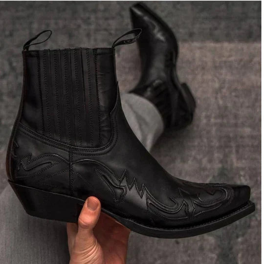 Men's vintage cowboy boots with intricate white stitching, pointed toe, and classic western heel, side view.