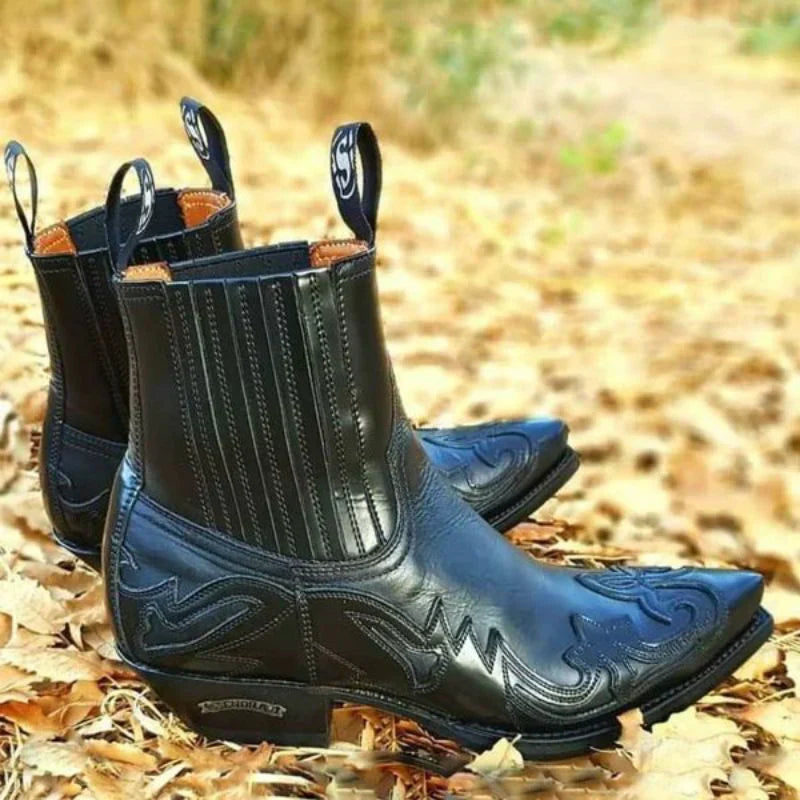 Close-up of men's fashion cowboy boots, highlighting rich brown leather and unique stitched patterns on the shaft.