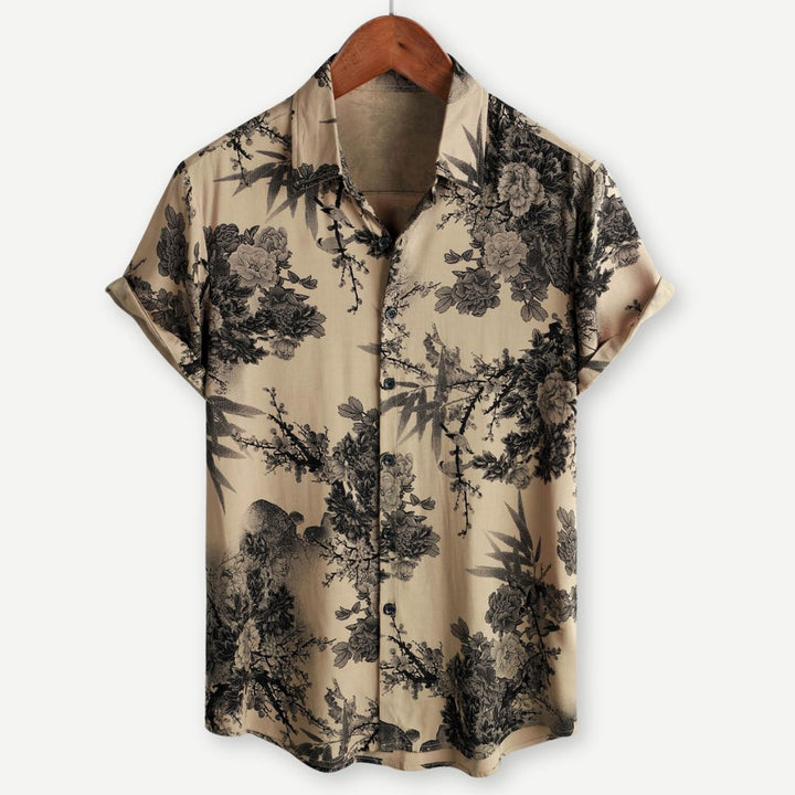 Men's vintage floral short sleeve shirt with blossom pattern, perfect for stylish summer casual wear.