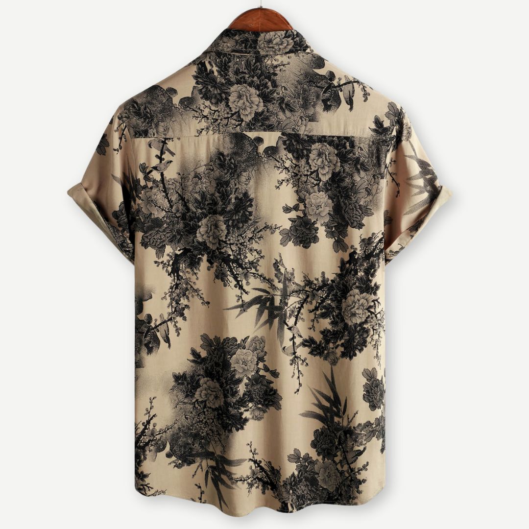 Lightweight men's short sleeve shirt featuring a vintage blossom print, comfortable for summer casual style.