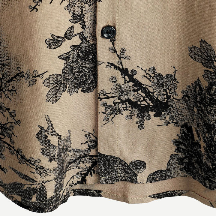 Comfortable men's vintage short sleeve shirt, showcasing a beautiful blossom floral print for a relaxed summer style.