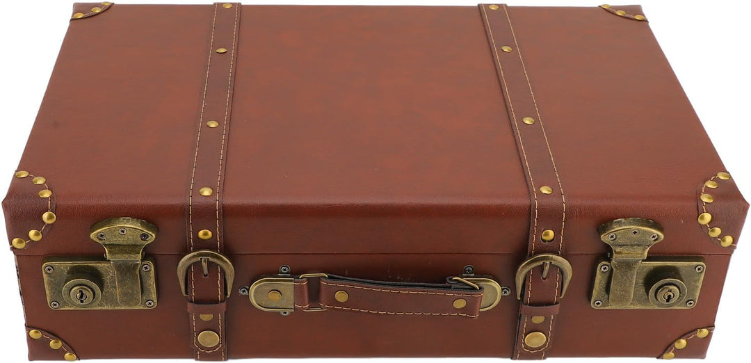 Stylish heritage brown leather travel trunk. Men's vintage carry-on for decorative storage or overnight trips.