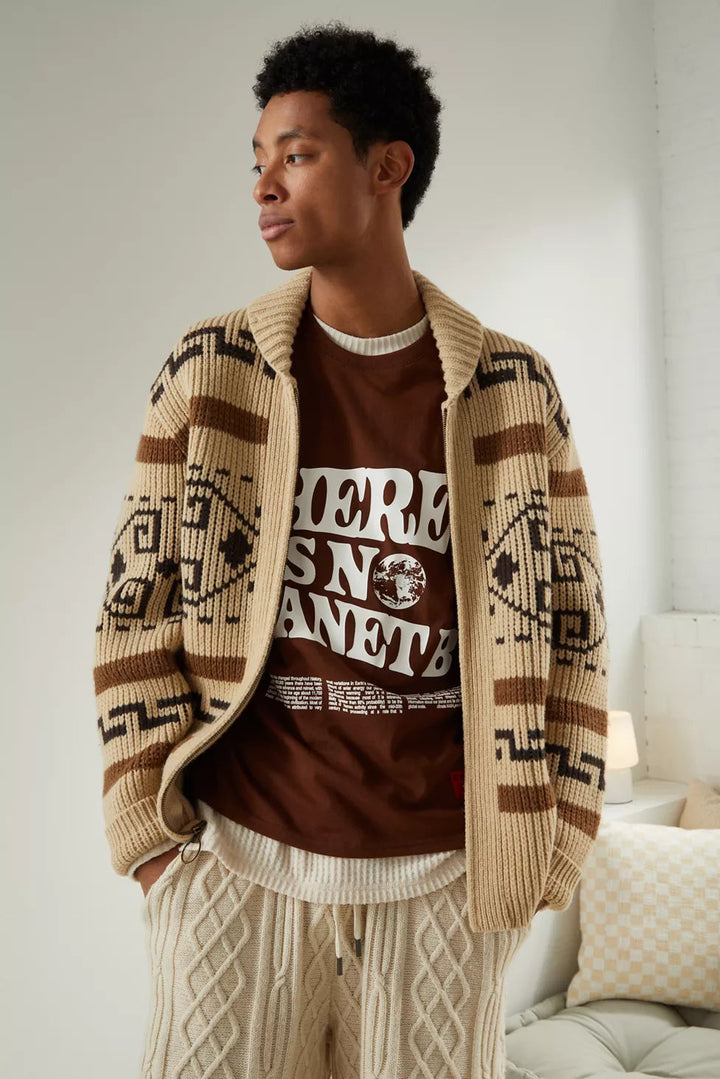 Men's vintage khaki jacquard knitted zipper cardigan with shawl collar, new arrival.