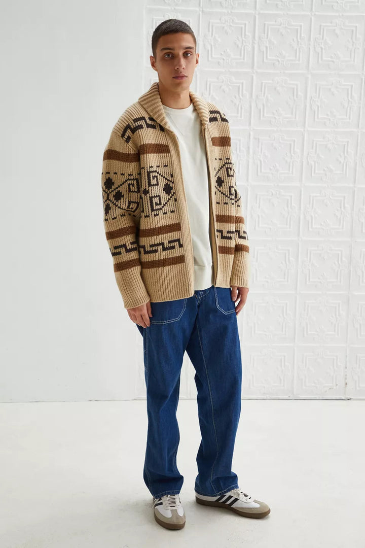 Close-up of a men's vintage jacquard knit zipper cardigan in khaki, perfect for winter.
