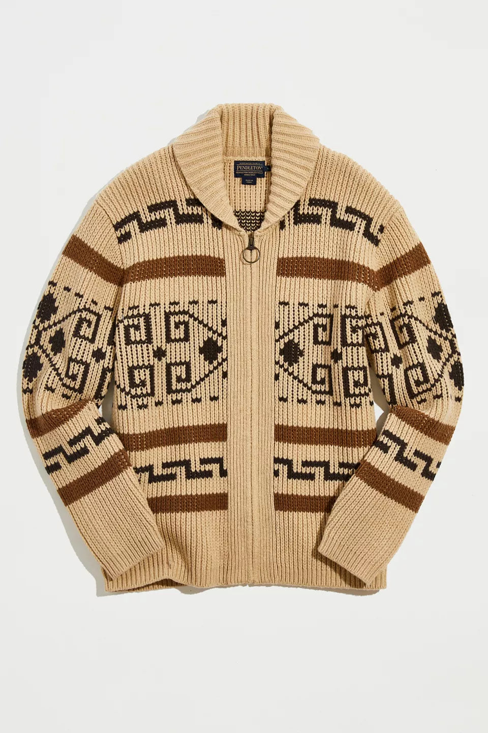 Stylish men's acrylic knit zipper cardigan in vintage jacquard pattern and khaki color.
