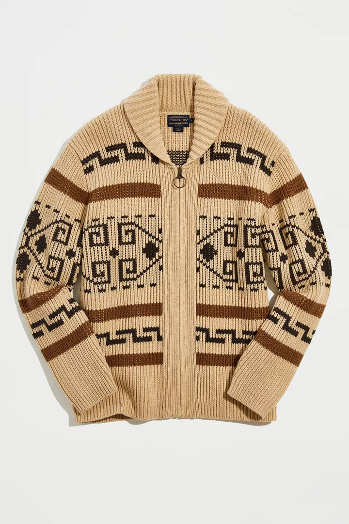 Stylish men's acrylic knit zipper cardigan in vintage jacquard pattern and khaki color.