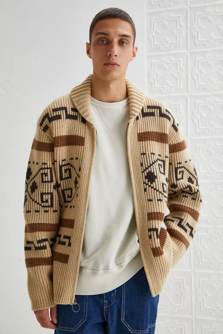 New men's casual cardigan: vintage jacquard knit, full zipper, and comfortable shawl collar.