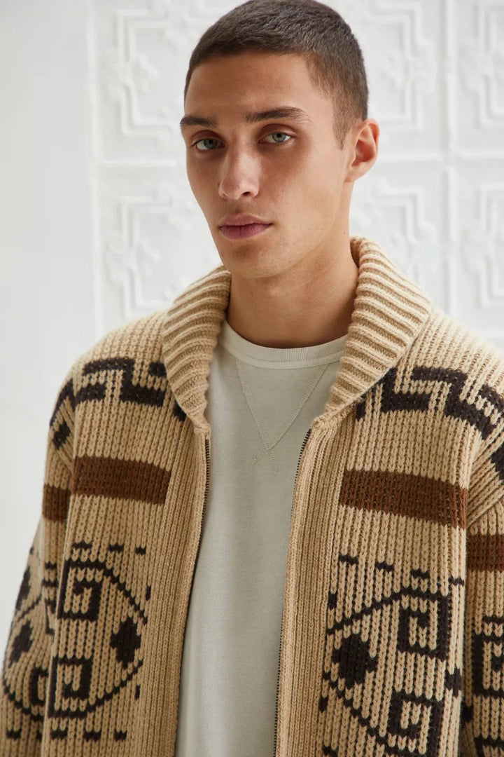 Khaki men's fashion: vintage jacquard knitted cardigan with practical front zipper closure.