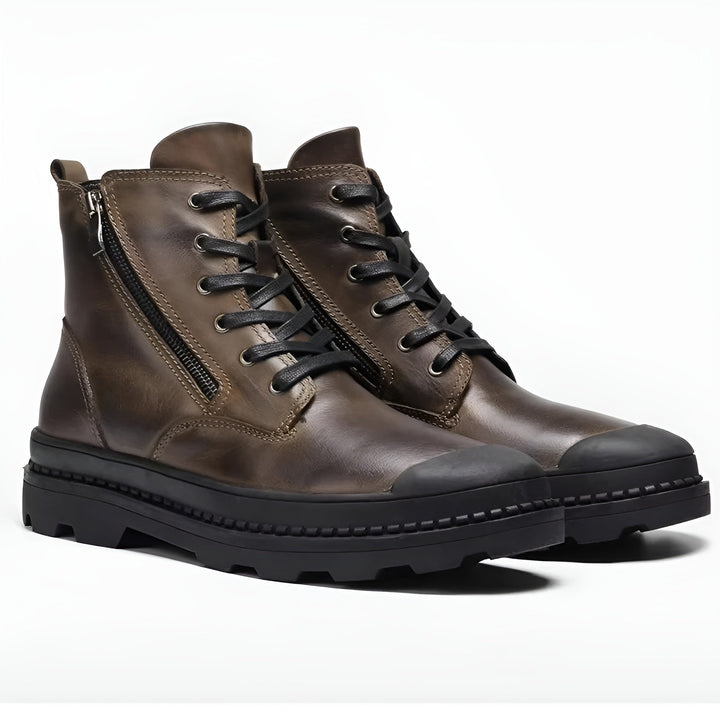 Men's vintage leather ankle boots with lace-up and zip closure. Warm, sturdy, and durable for winter.