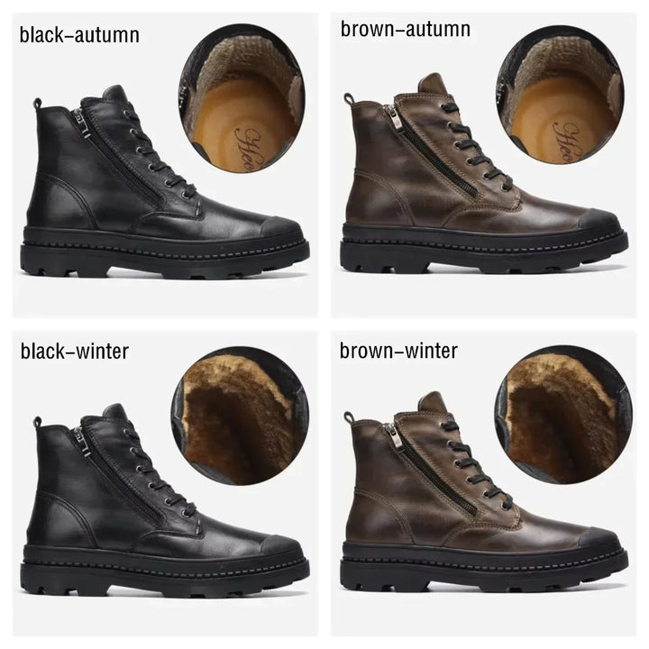 Back view of men's sturdy vintage ankle boots, showcasing durable leather and robust construction. Warm design.