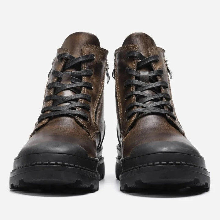 Stylish men's vintage leather boots with a secure lace-up front and a functional side zip closure. Very sturdy.