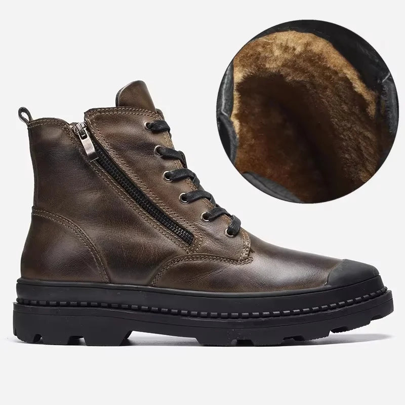 Front view of men's vintage leather boots, featuring a sturdy lace-up design and a warm, durable build.