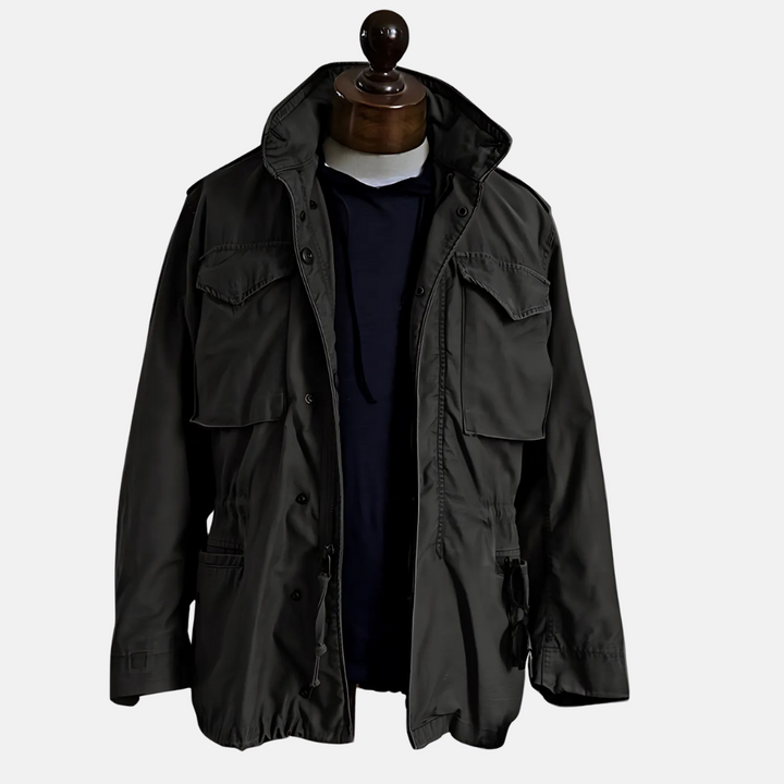 Men's vintage military field jacket in rugged style for all-season wear. Durable tactical outerwear with utility pockets.