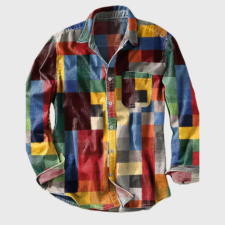 Men's vintage rainbow print button-up shirt in colorful loose fit for casual retro fashion