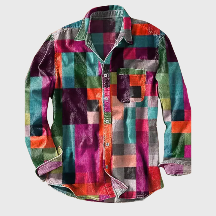 Close-up of men's vintage rainbow print button-up shirt, showing all-season fabric texture