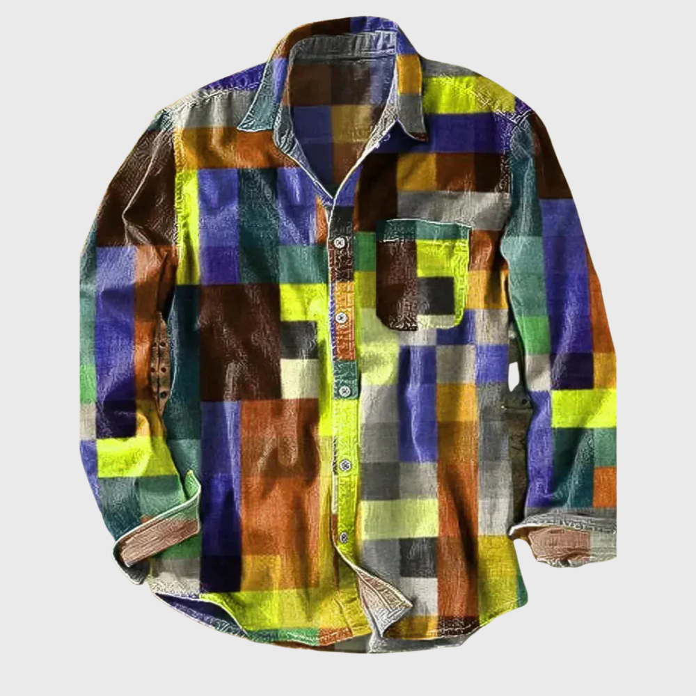 Full view of men's retro rainbow print casual shirt with button-up front, a unique fashion piece