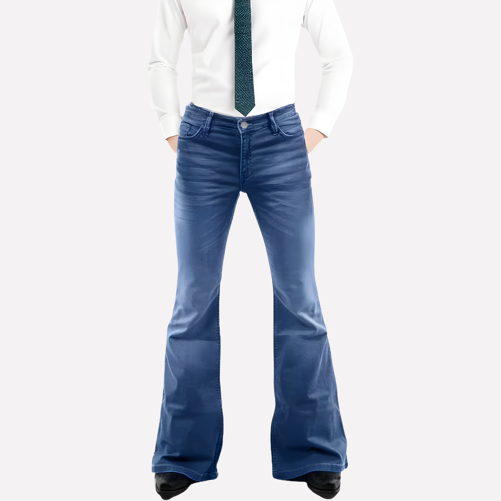 Men's vintage washed blue flared jeans, 70s style bell bottoms. Retro comfortable & stylish casual wear.