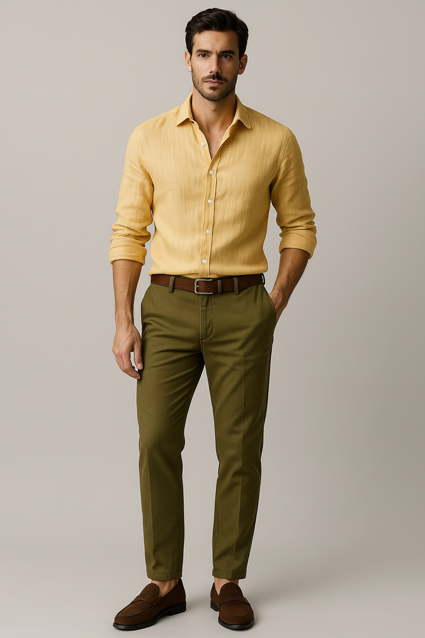 Men's vintage yellow button-down shirt, long sleeve, relaxed fit, perfect for summer casual attire.