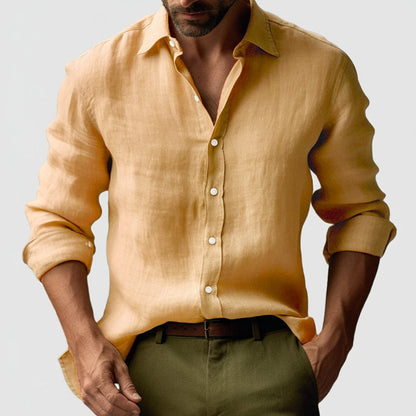 Classic style men's vintage button-down shirt in yellow, long sleeve a wardrobe essential.