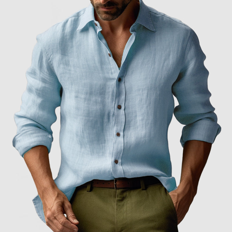 Long sleeve yellow vintage button-down shirt for men, classic design, comfortable casual attire.