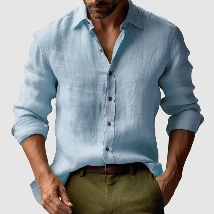 Long sleeve yellow vintage button-down shirt for men, classic design, comfortable casual attire.