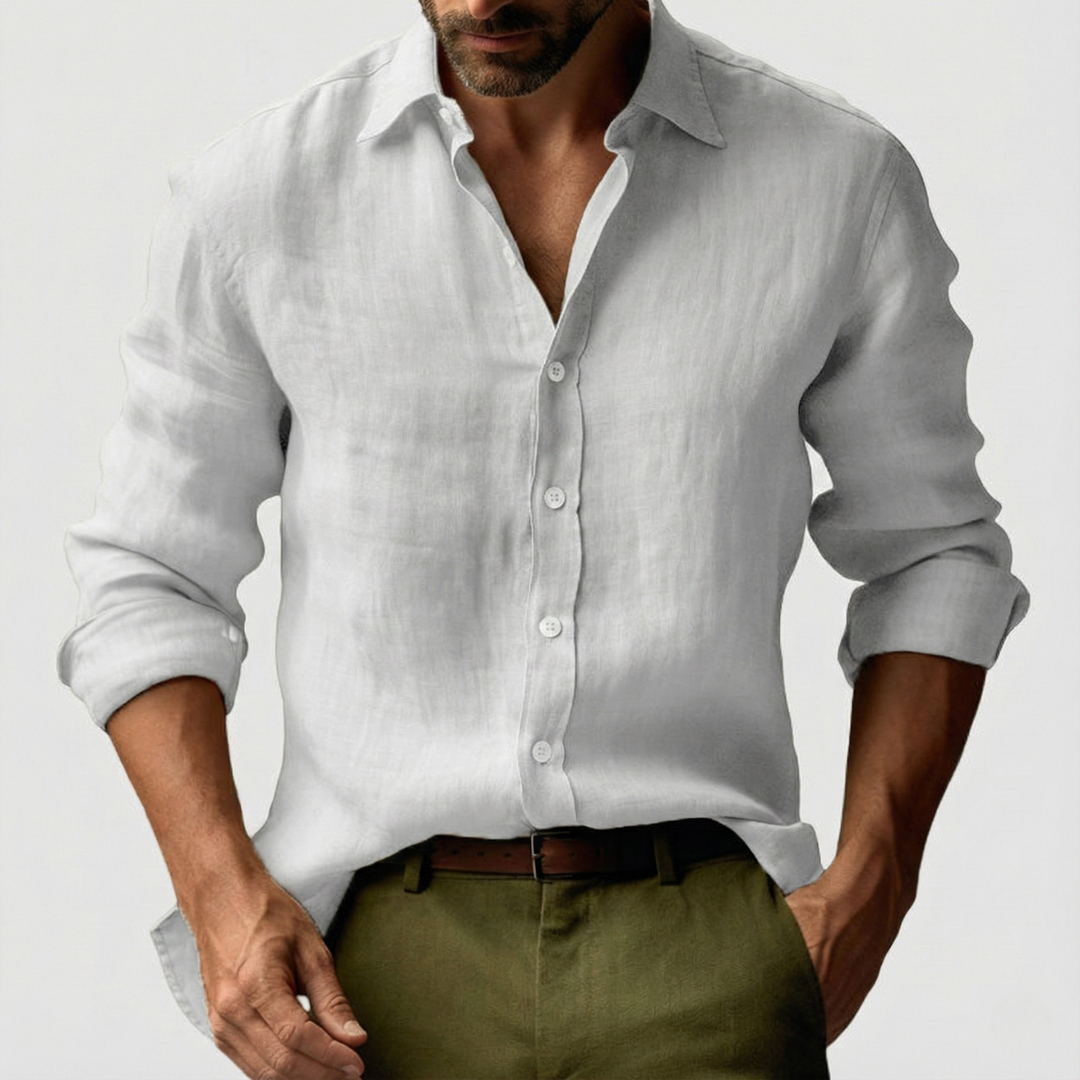 Stylish men's yellow button-down shirt, vintage summer fashion with a relaxed long sleeve fit.
