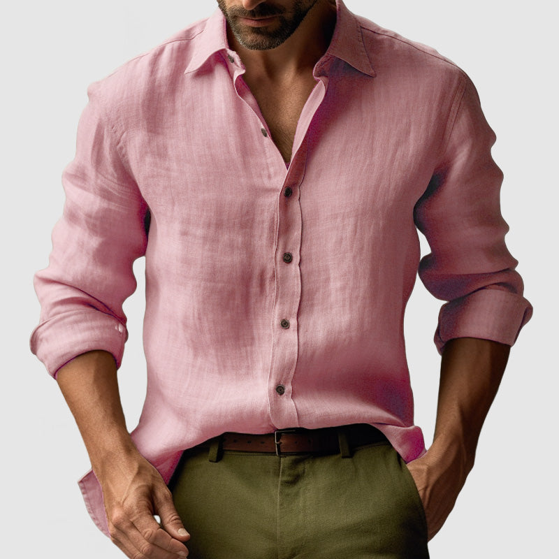 A casual yellow button-down shirt for men, vintage design, long sleeve for versatile summer styling.