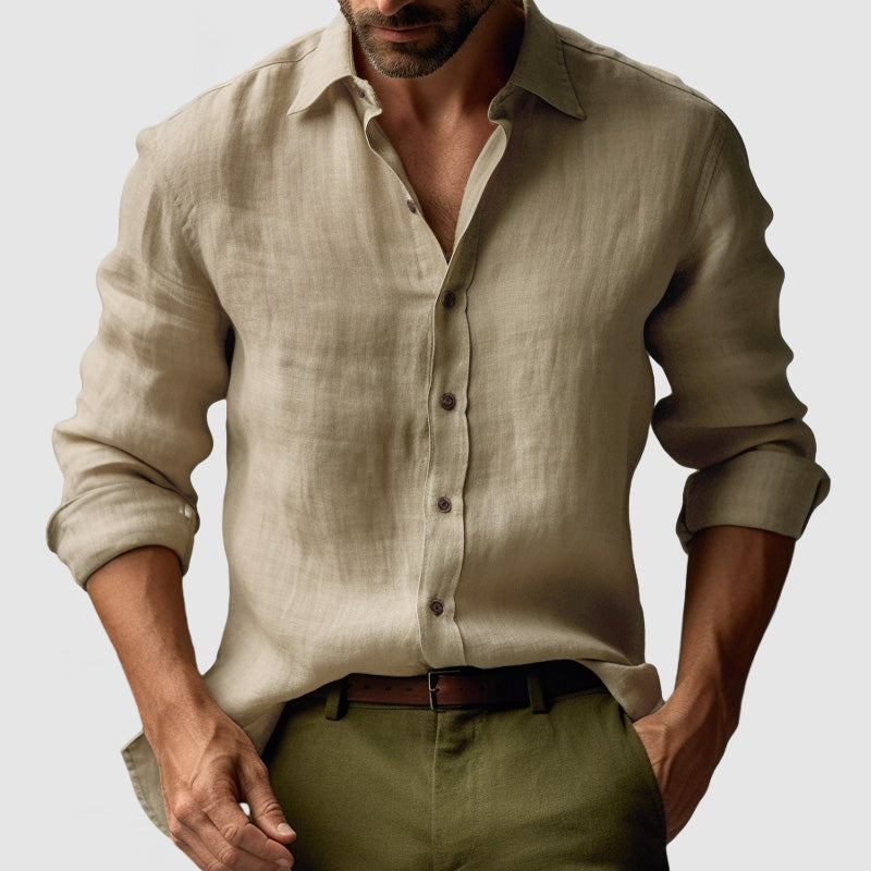 Men's retro yellow button-down shirt, long sleeve, relaxed fit, offering timeless casual style.