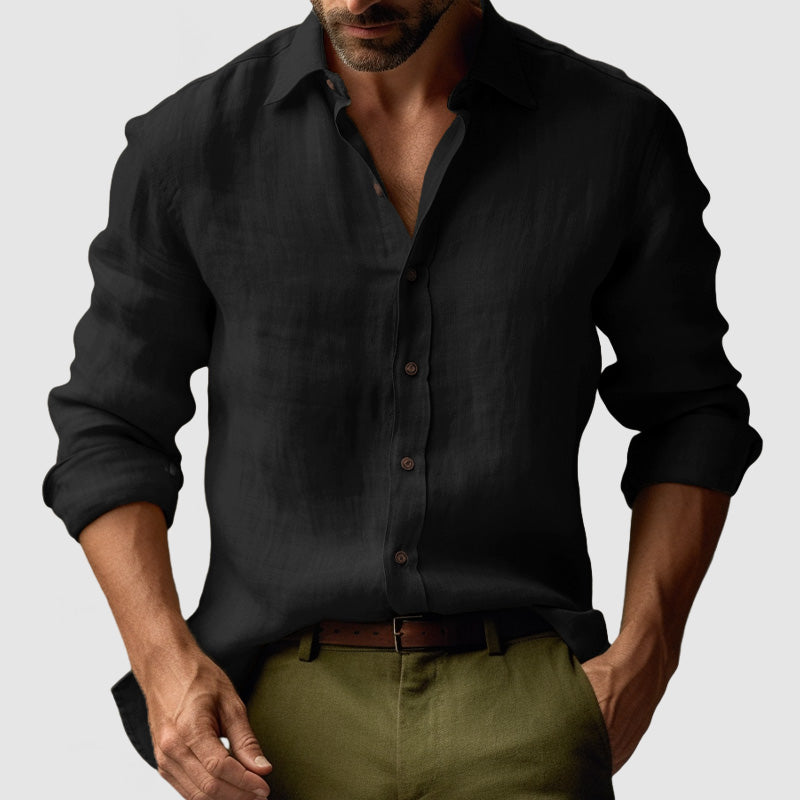 Relaxed fit men's yellow vintage button-down shirt, long sleeve, perfect for casual summer fashion.