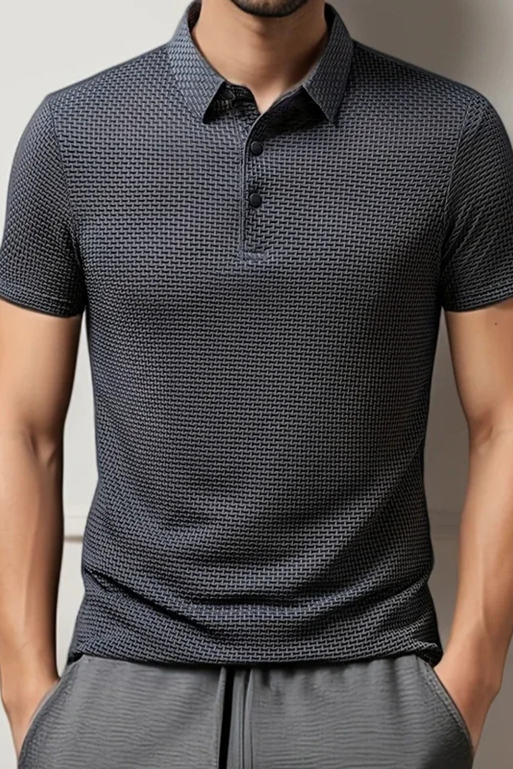 Fitted men's waffle knit polo shirt with short sleeves, ideal for versatile smart casual outfits.