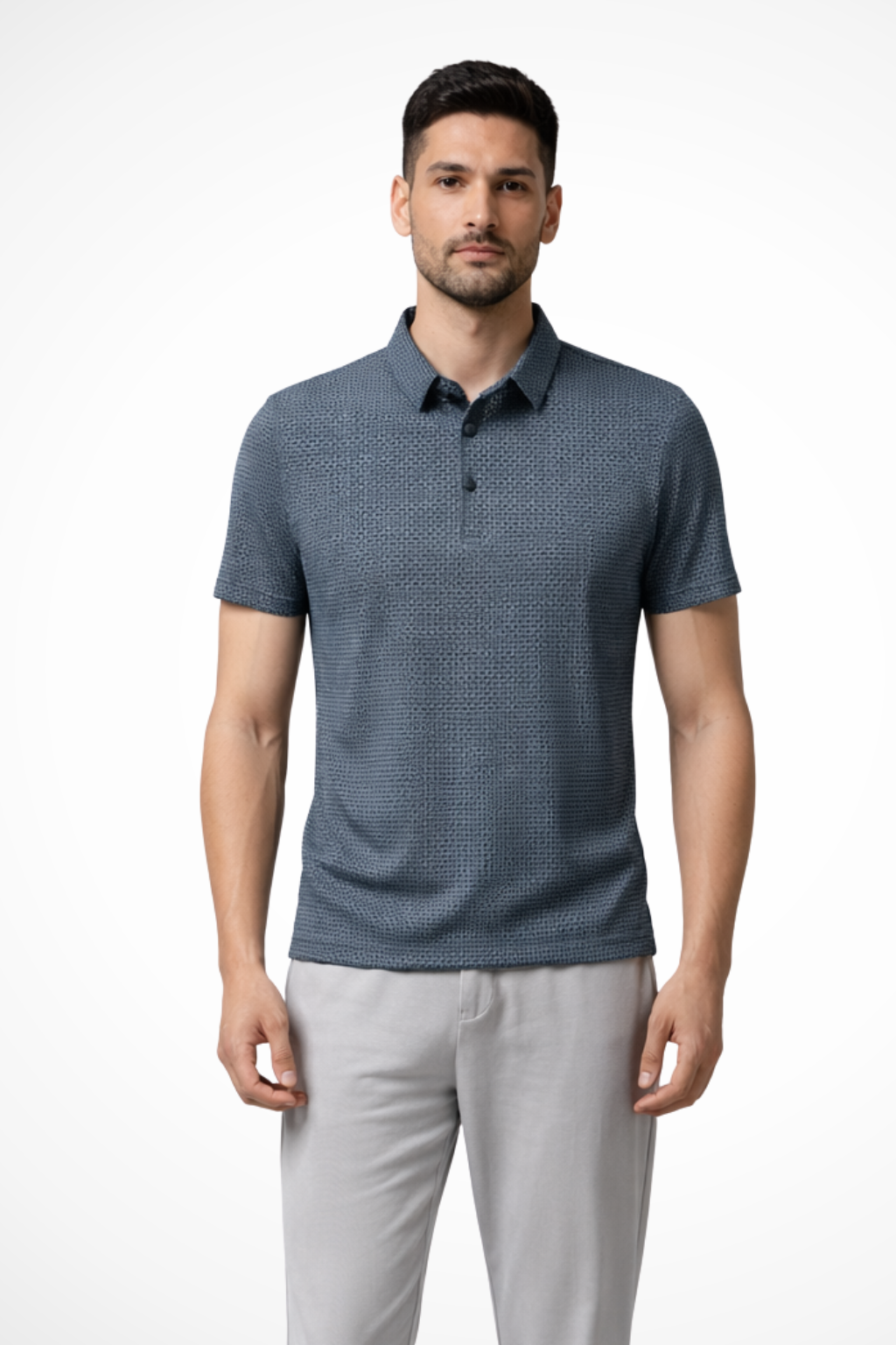 Summer men's polo shirt, short sleeve, made from comfortable waffle knit for a stylish casual look.